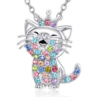 POWWA Kette Mädchen Katzen Kette für Mädchen Tochter Schmuck für Enkelin Mädchen Kinder, Katzenliebhaber Geschenke Tochter liebte Halskette 18 + 2,3 Zoll Kette-P-Cat Necklace-cr