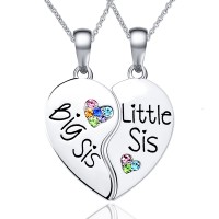 POWWA Sister Necklace for 2 Big Sis Little Sis Heart Pendant Necklace Set for Girls Women Matching Jewellery for BFF Friends-P-Sister N