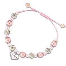 POWWA Little Sister Bracelets for Girls Pink Pearl Heart Charm Bracelets Jewelry Gifts for Big Little Sister-P-W004